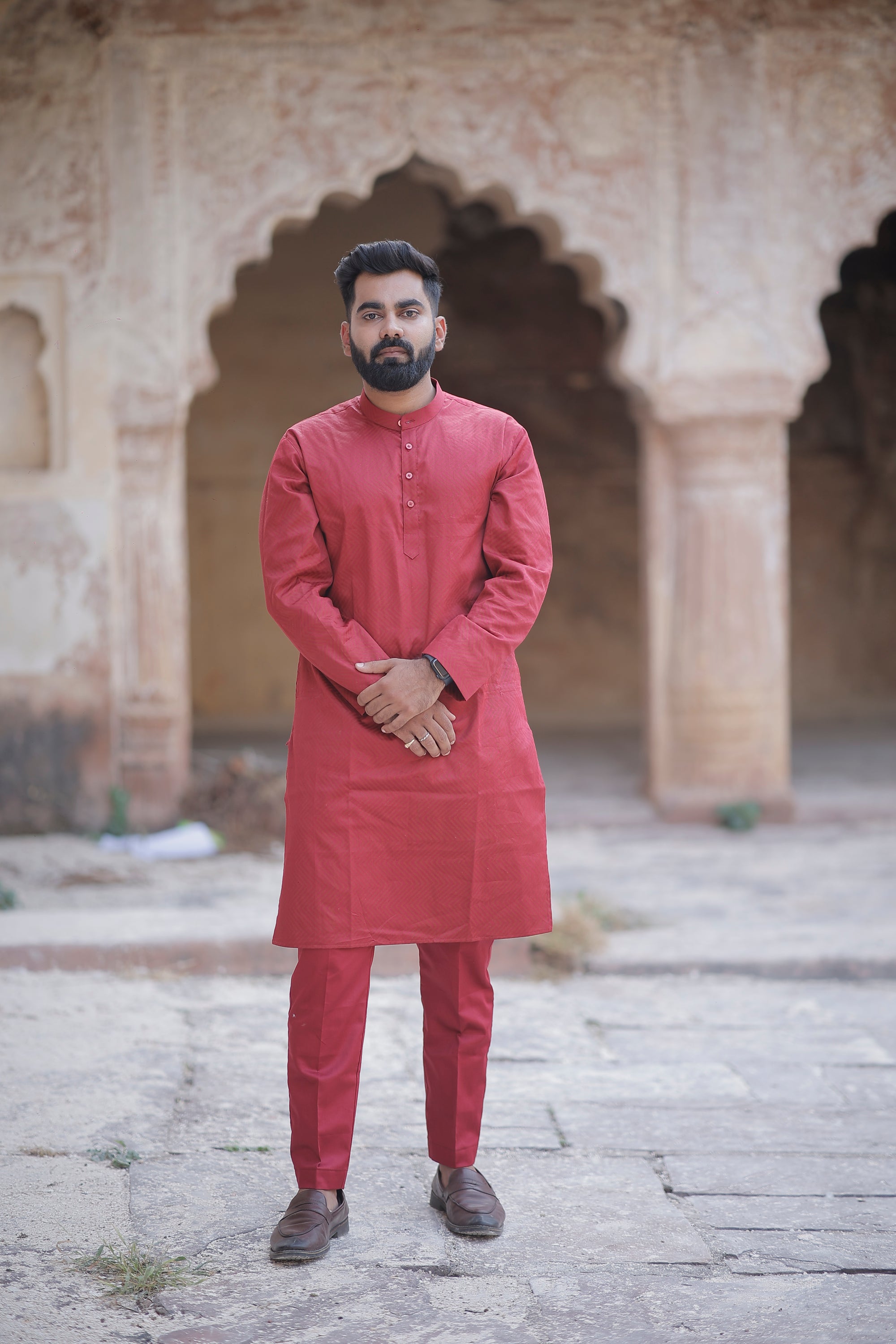 Maroon Self Printed Kurta & Trouser Set