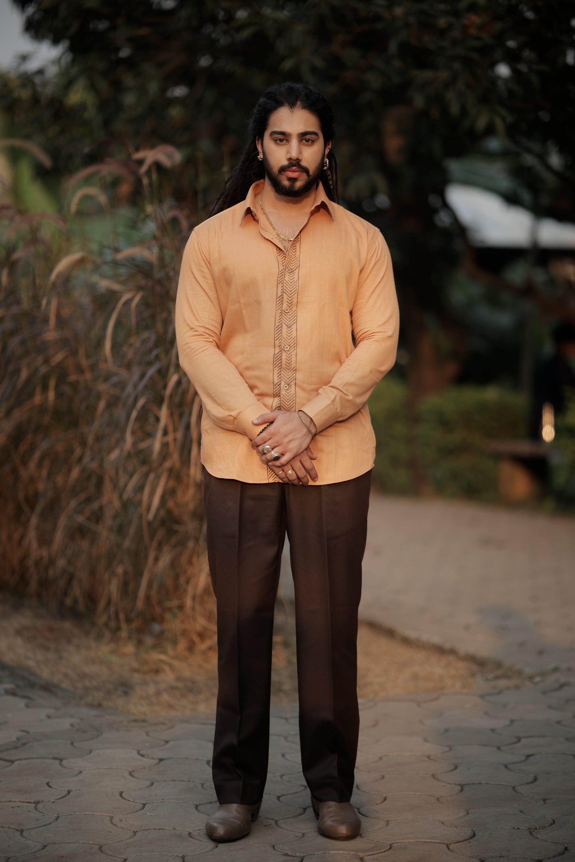 Splicing Hand Printed Beige Color Shirt