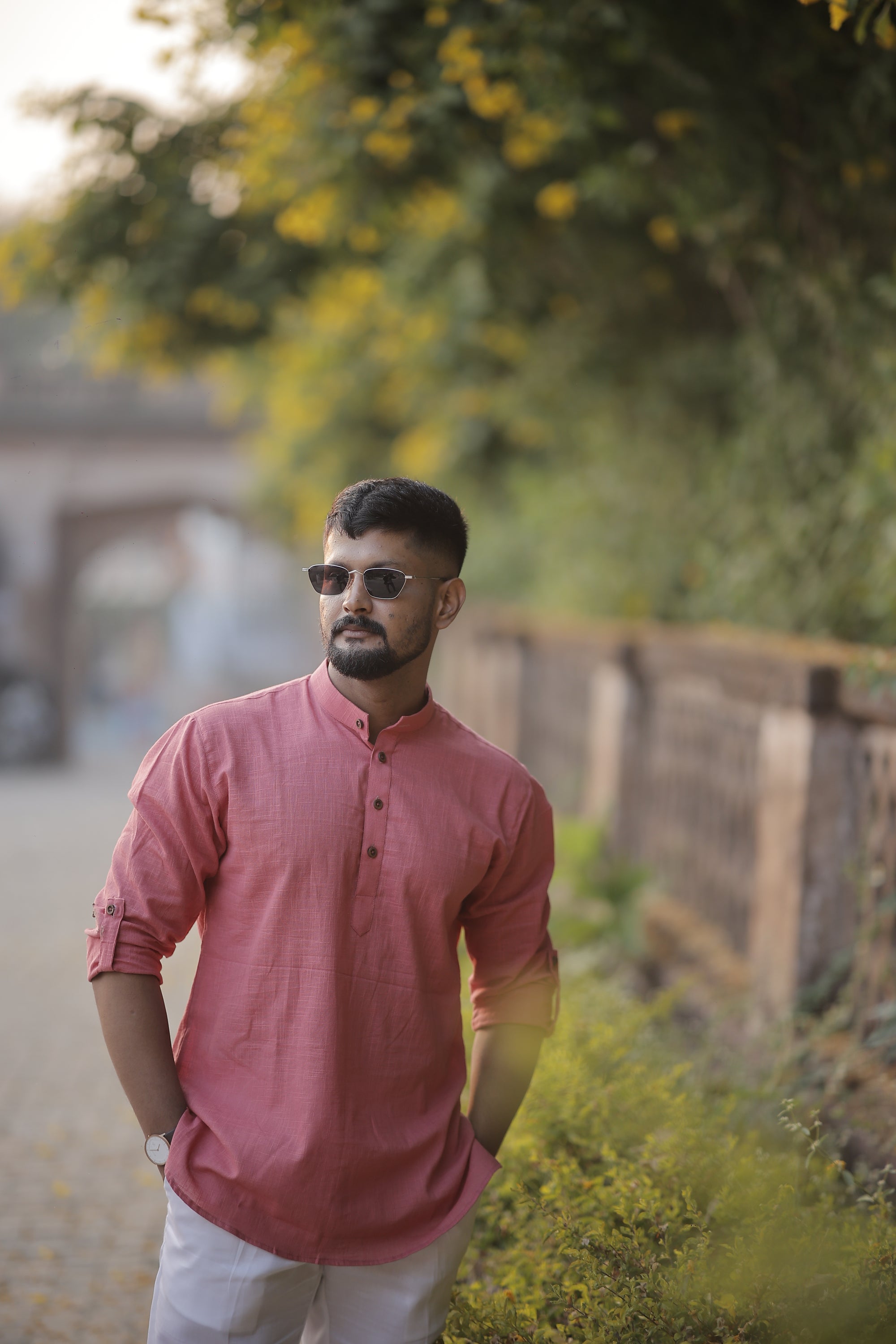 Pink Cotton Woven Short Kurta