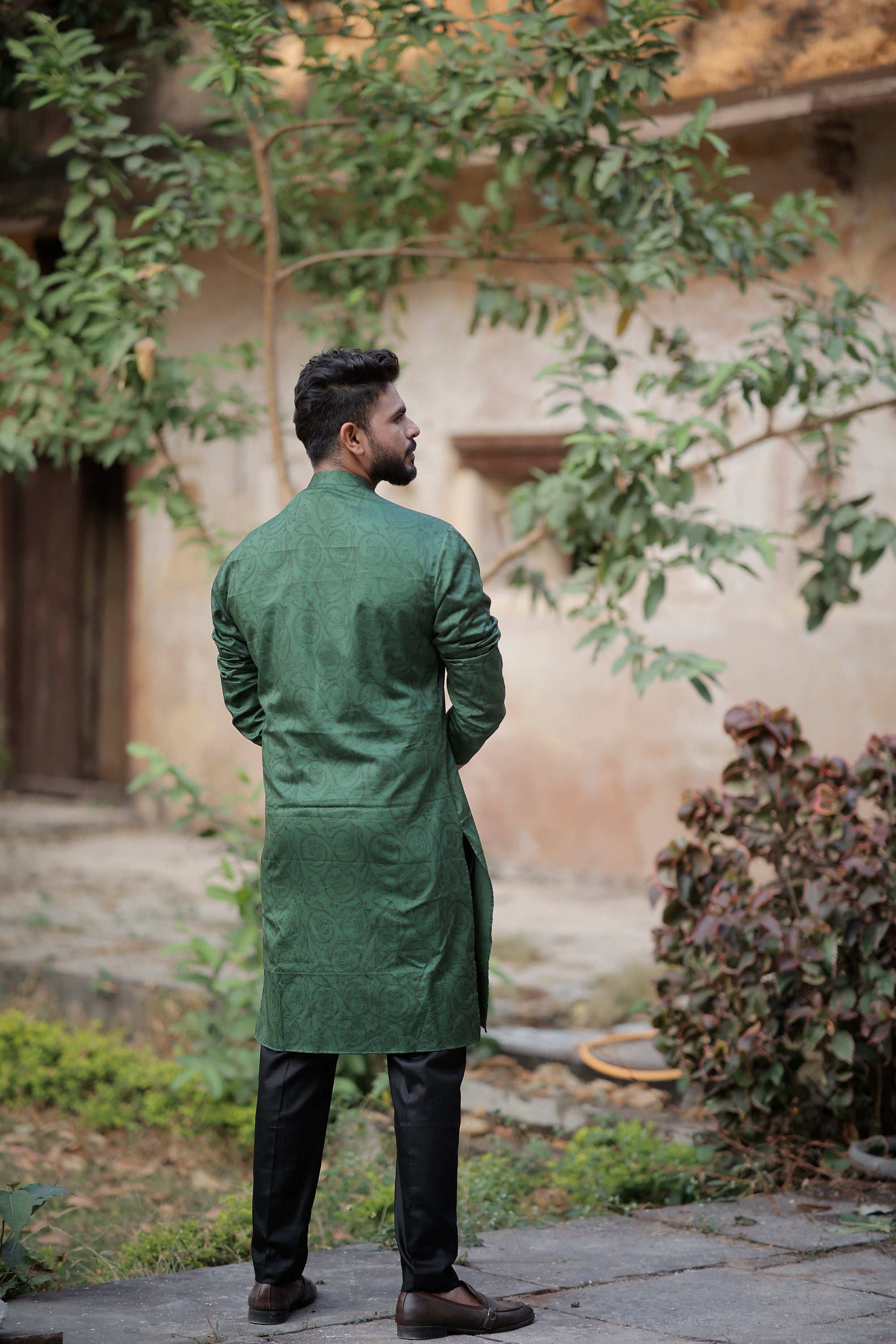 Olive Green Kurta With Handmade Button