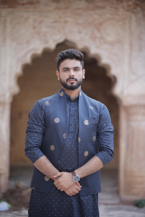 Mid Night Blue 3 Piece Kurta Jacket Set
