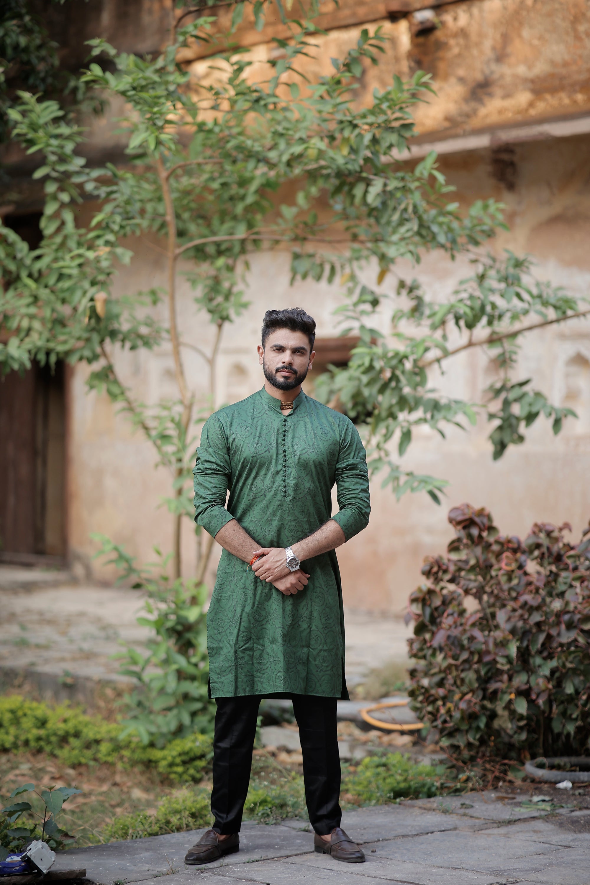 Olive Green Kurta With Handmade Button