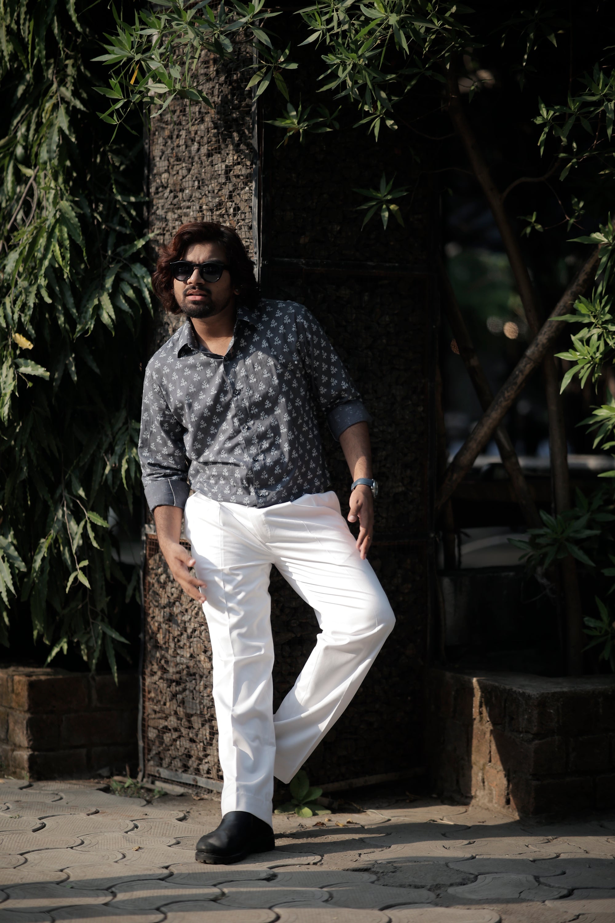 Gray & White Hand Block Cotton Printed Shirt